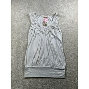 Fresh Brewed Girl Tank Top Womens Medium White Ruffle Neck Sleeveless Casual